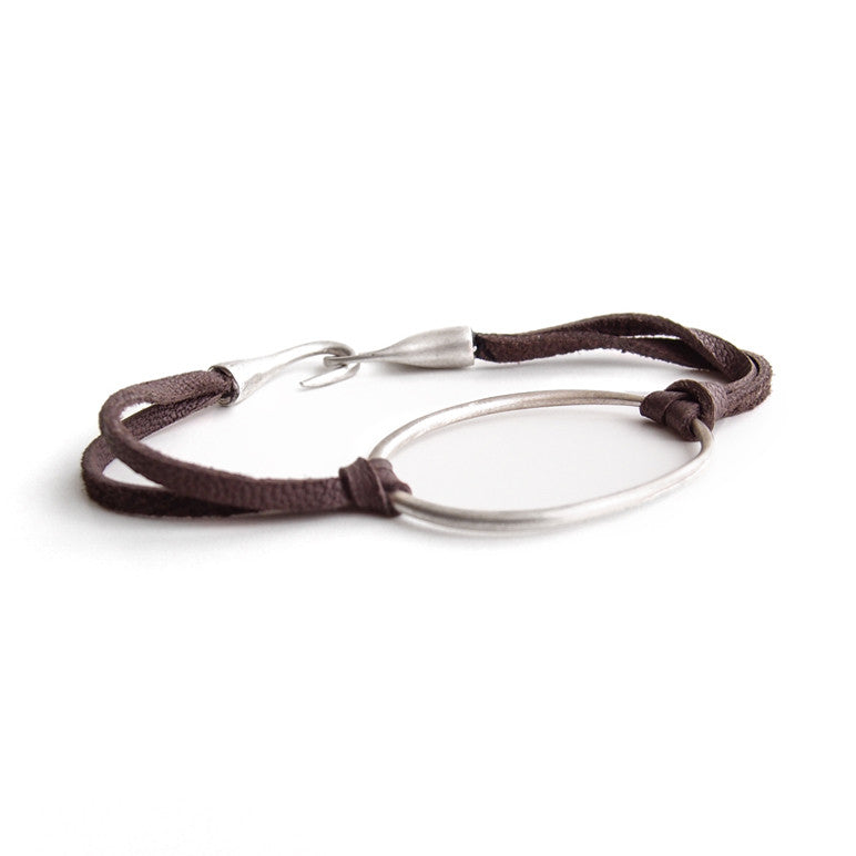 sterling silver with brown leather / S (6&quot;) &quot;o&quot; id bracelet