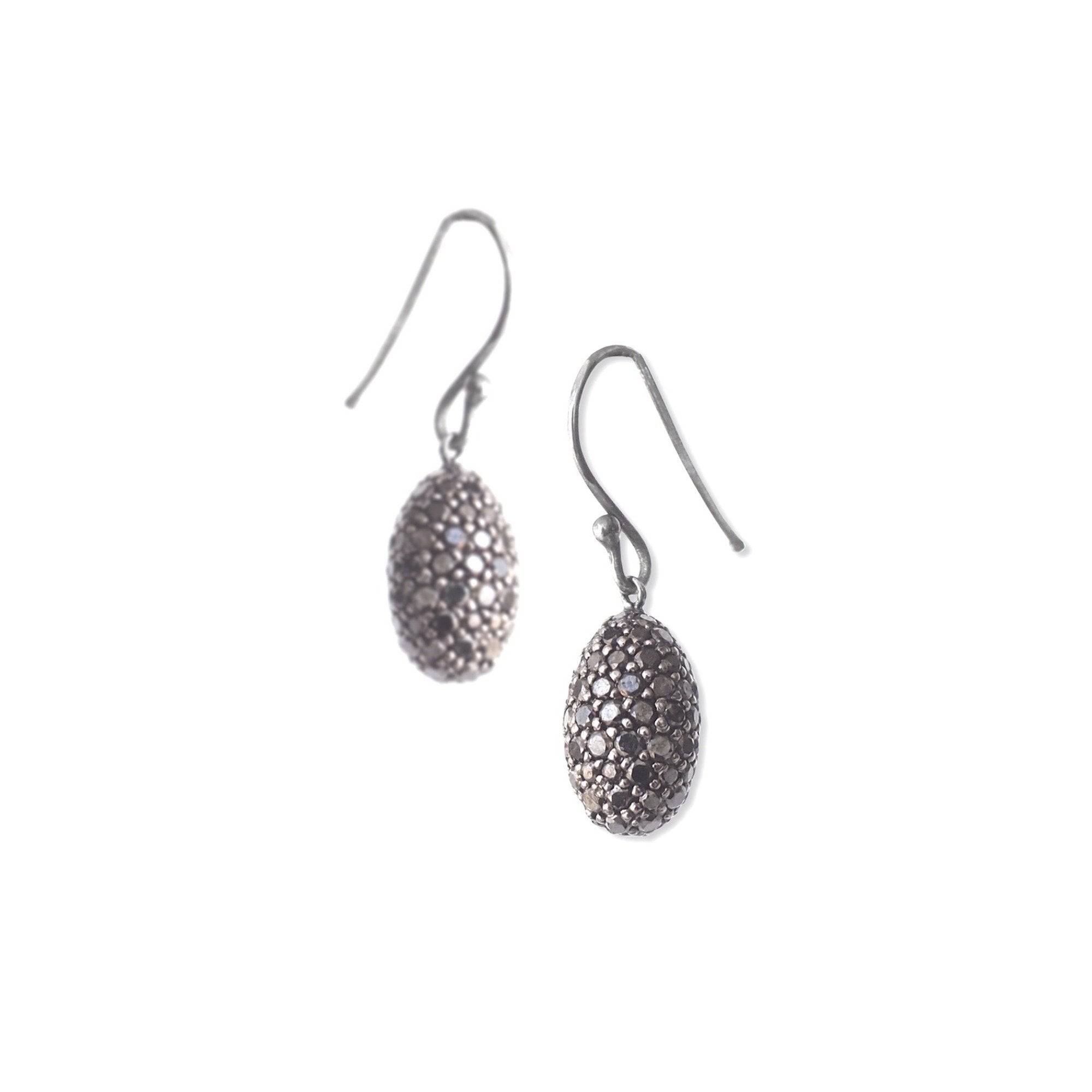 14k white gold plated in black rhodium with black pave diamonds pavé egg drop earrings
