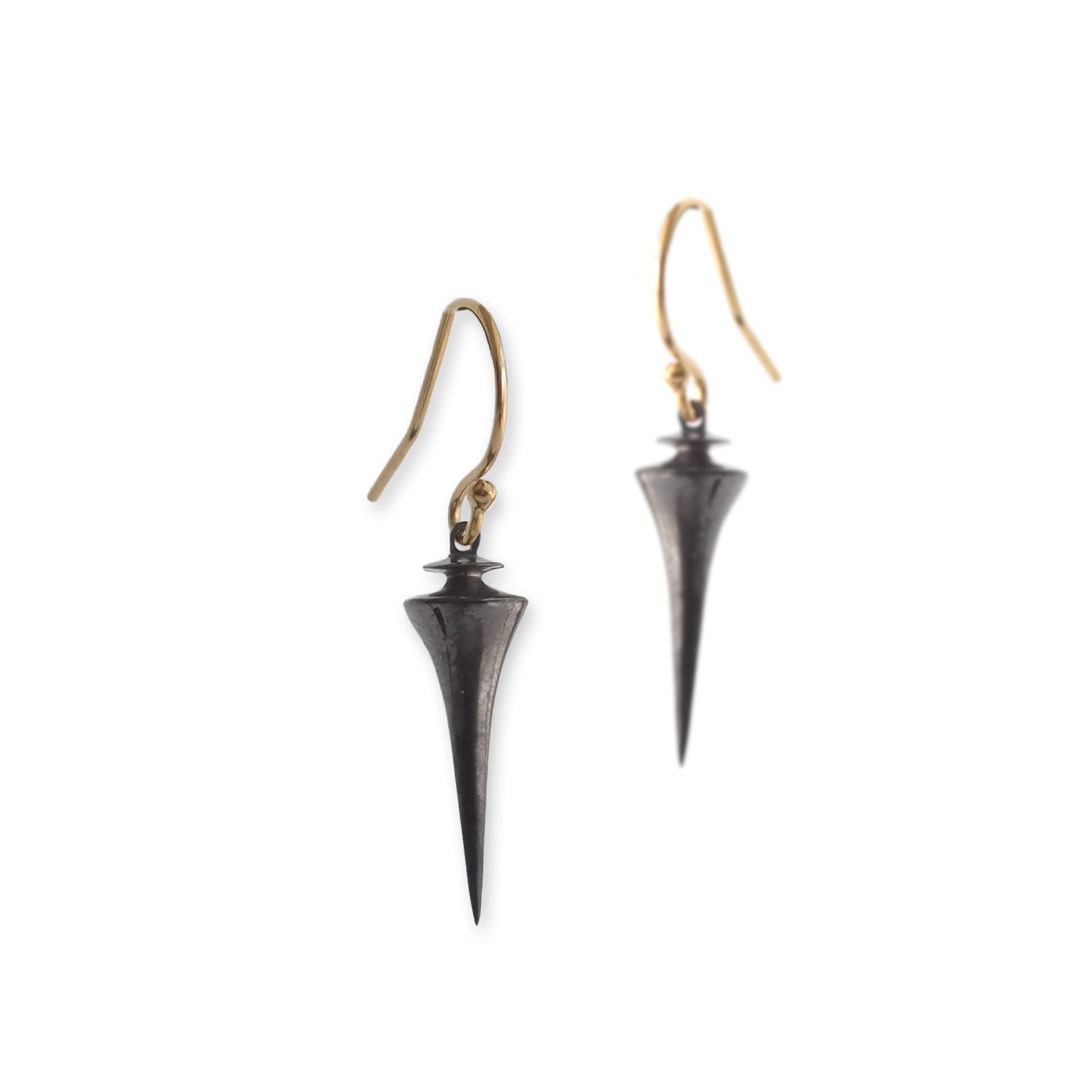 sterling silver plated in black rhodium with 14k yellow gold earwires plomb point earrings