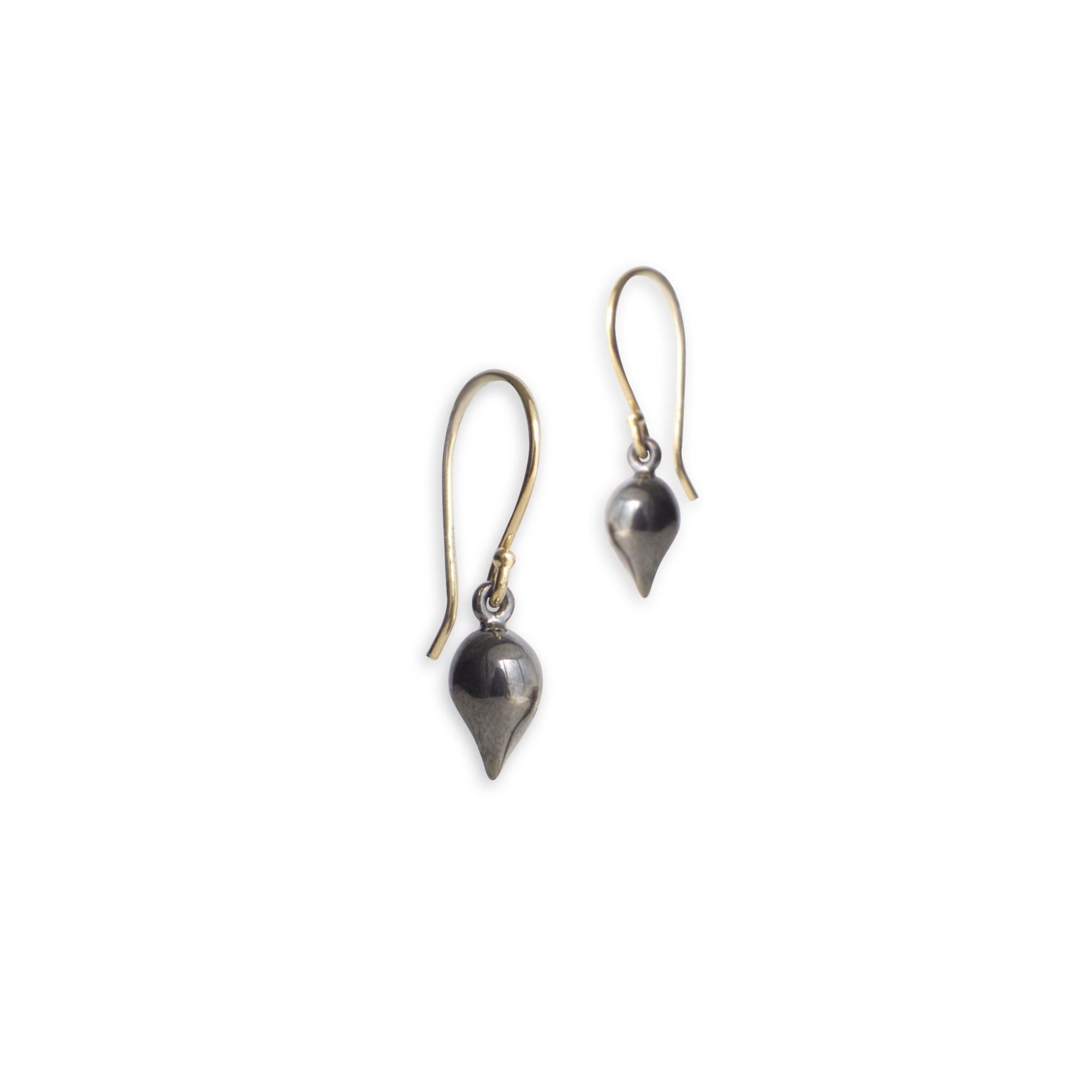 sterling silver plated in black rhodium with 14k yellow gold ear wires small pod dangle earrings