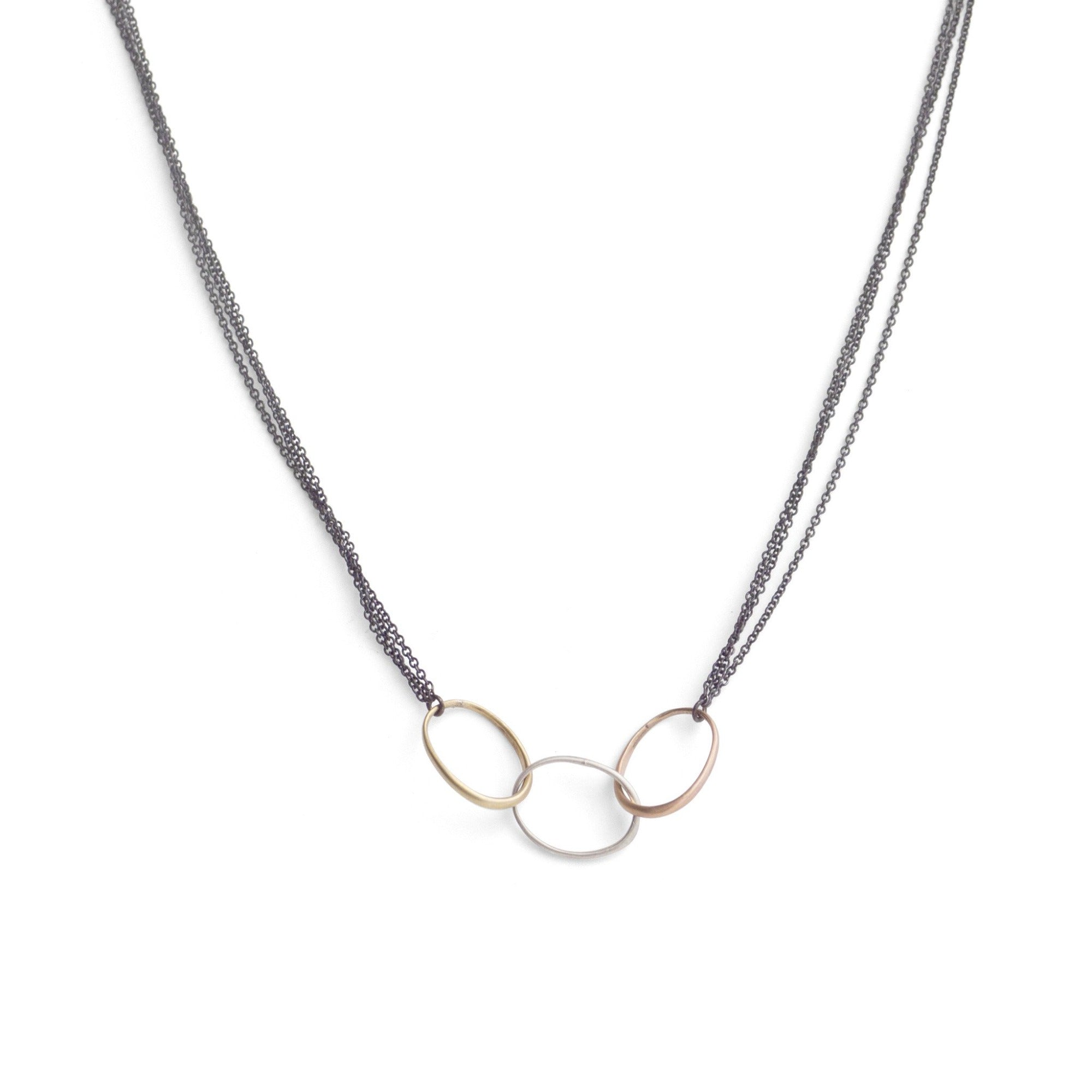 sterling silver, 14k yellow gold, &amp; 14k rose gold small &quot;o&quot; trinity necklace