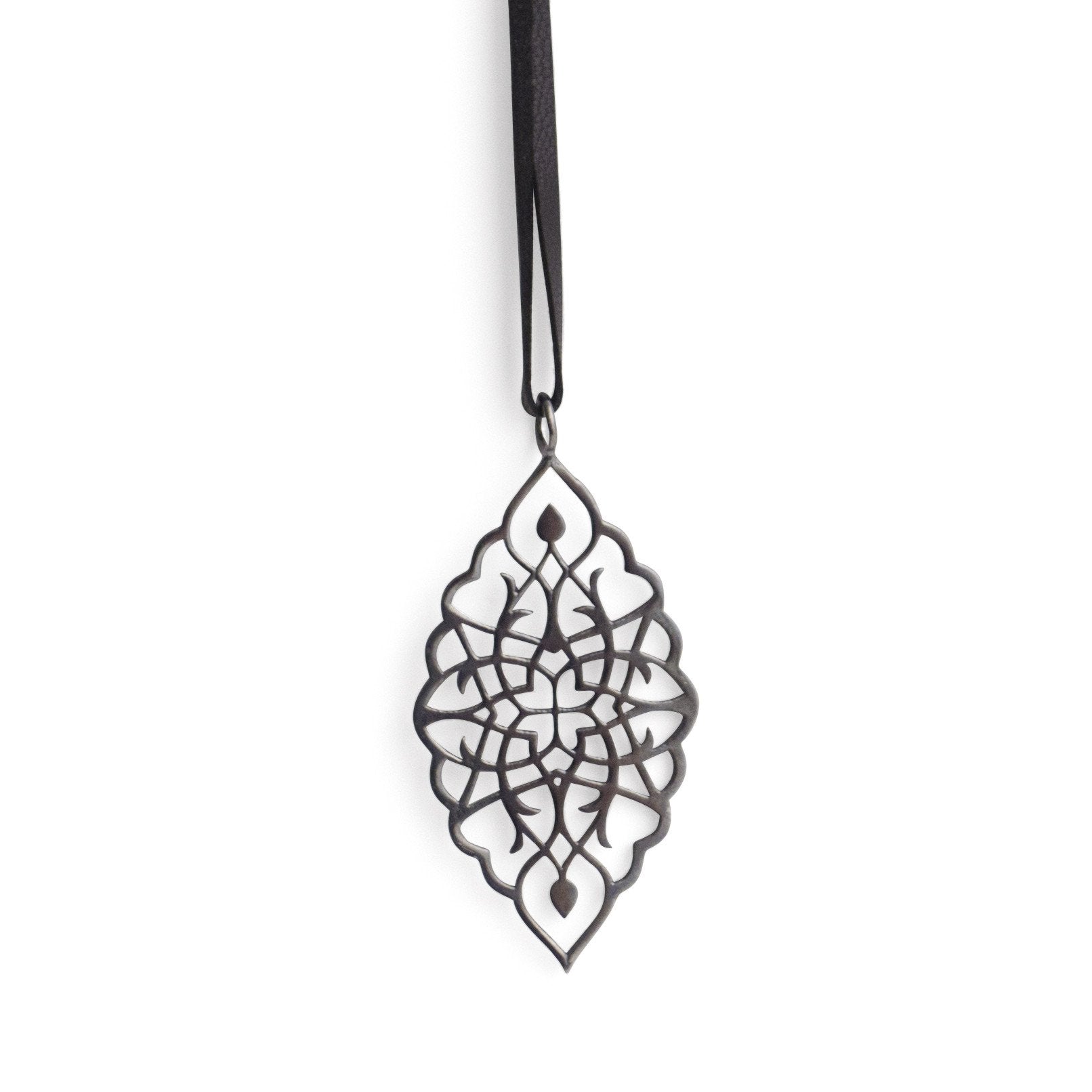 sterling silver plated in black rhodium / 42&quot; leather cord with caps arabesque petal pendant
