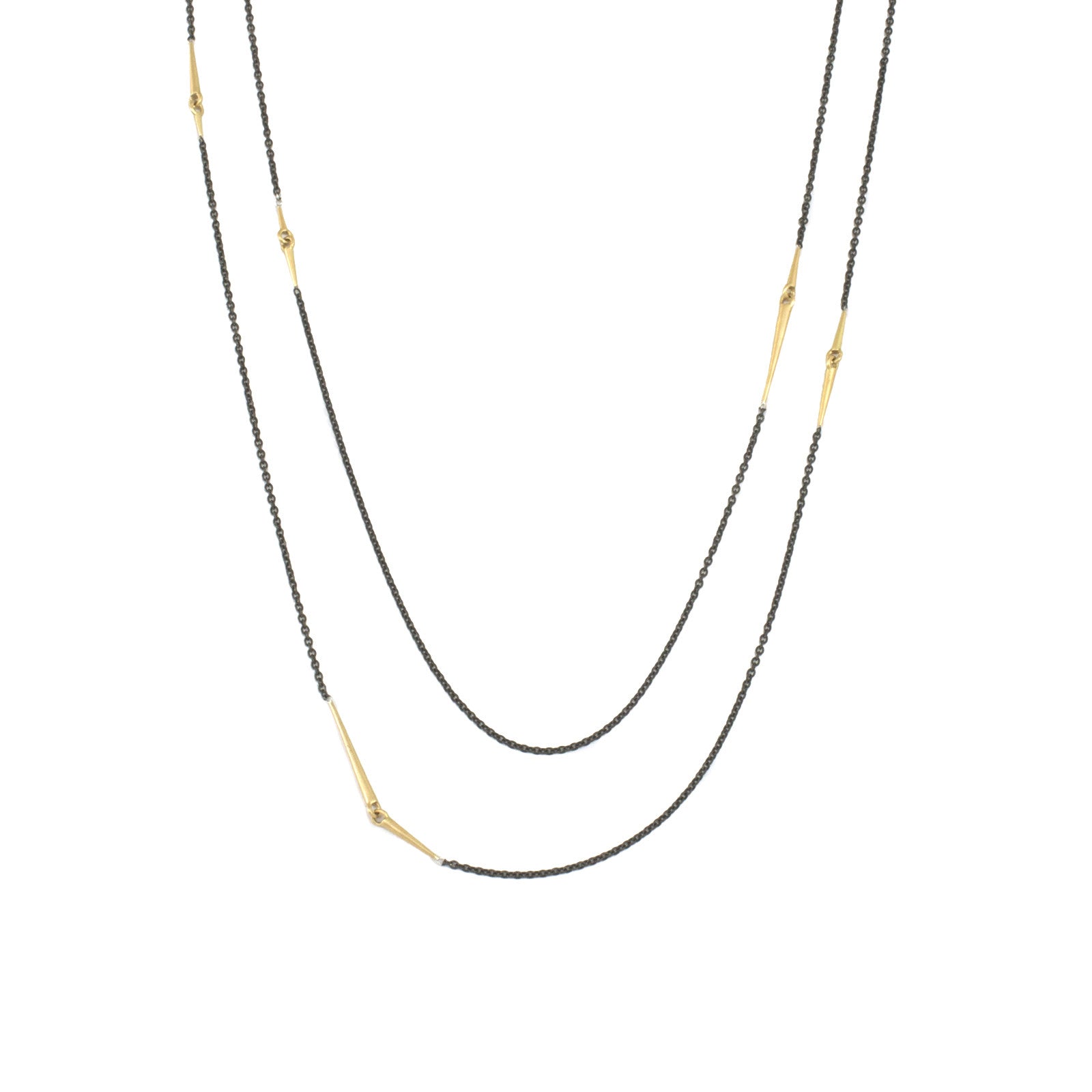 18k yellow gold/oxidized silver chain long mirrored points necklace