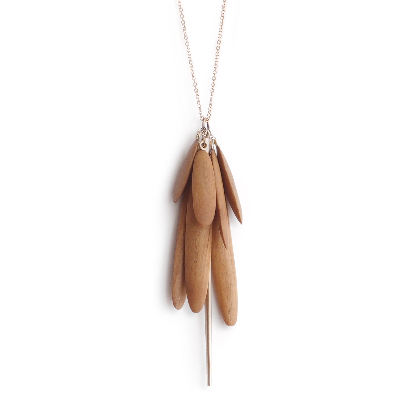 satinwood/bronze wood tassle & spicula necklace