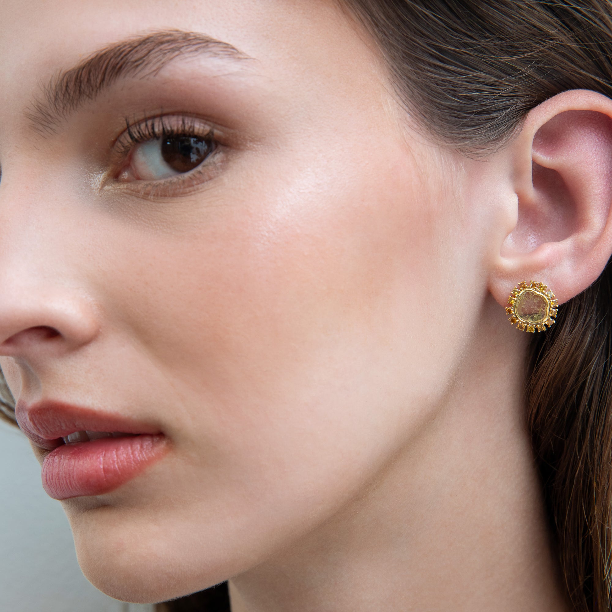 Nebula yellow diamond slice studs on model