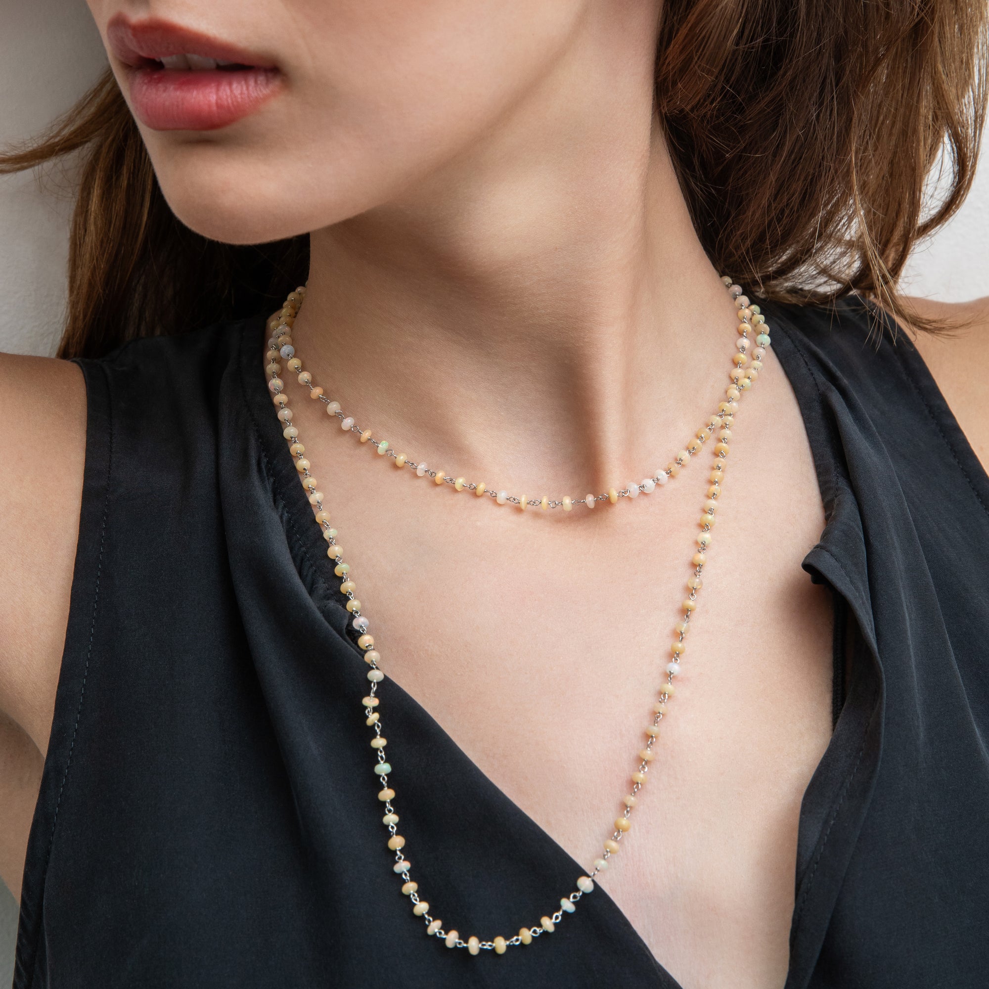 opal bead necklace on model