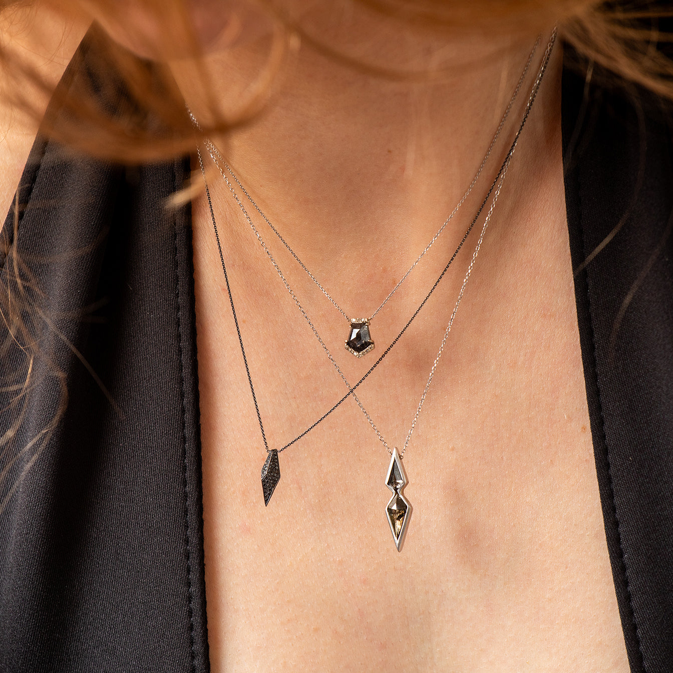 salt & pepper diamond shield pendant
