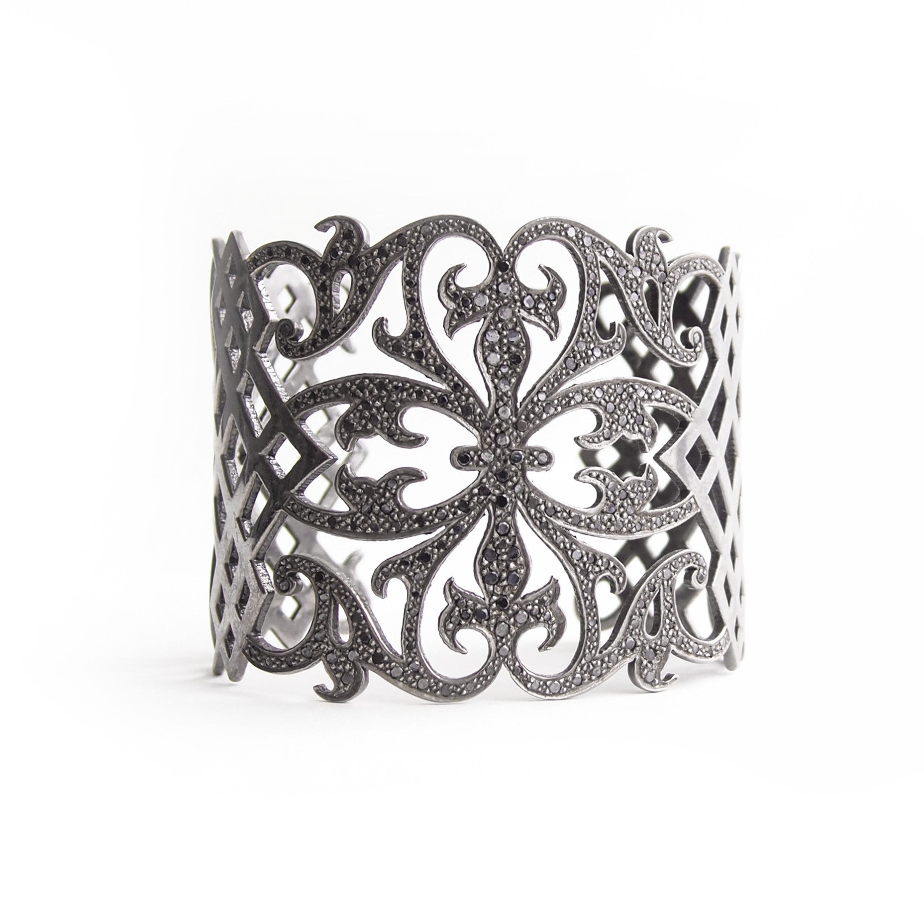 sterling silver plated in black rhodium with black pave diamonds arabesque cuff