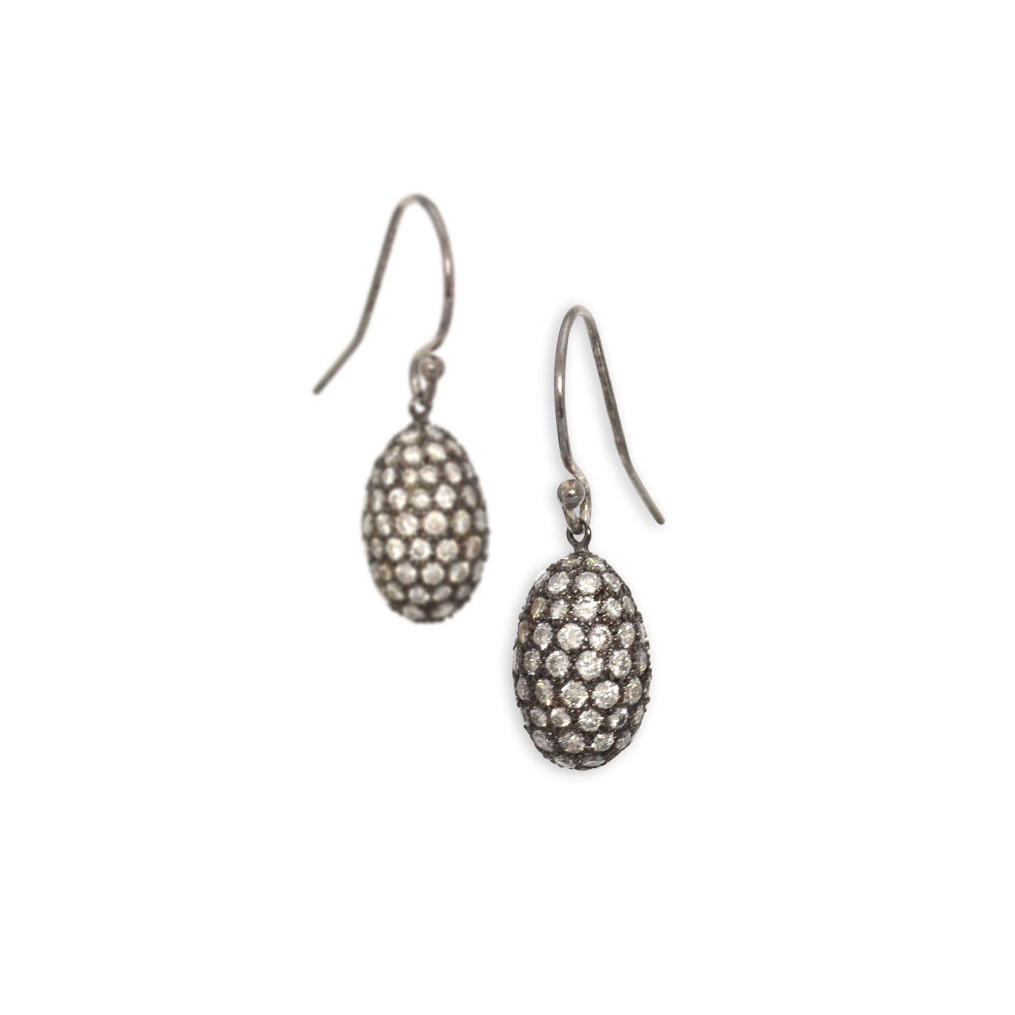 14k white gold plated in black rhodium with white pave diamonds pavé egg drop earrings