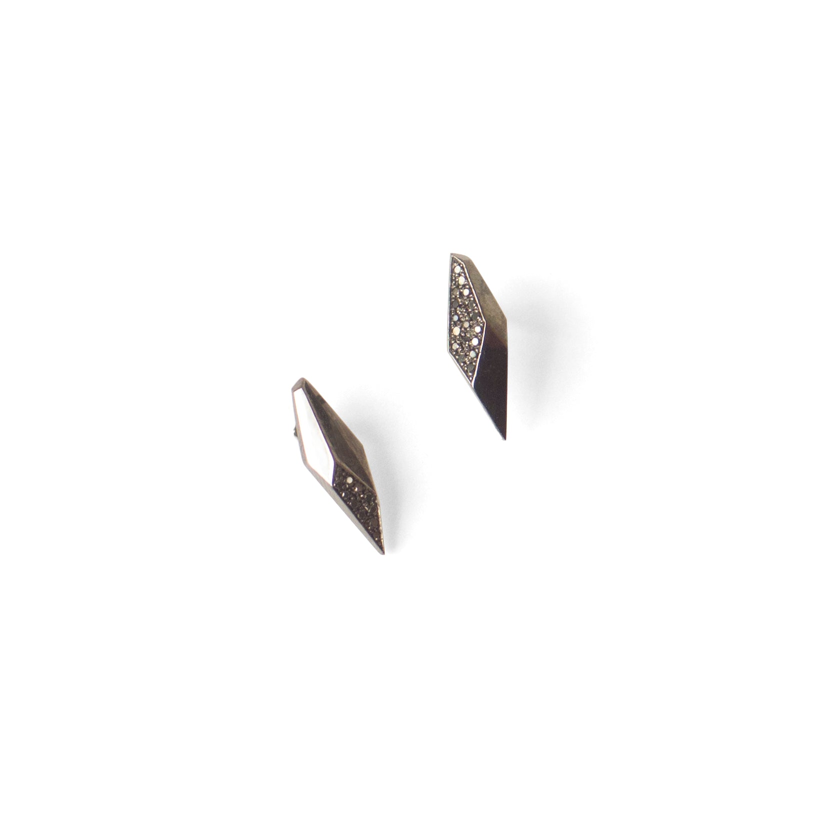 14k white gold plated in black rhodium with black pave diamonds small shard studs