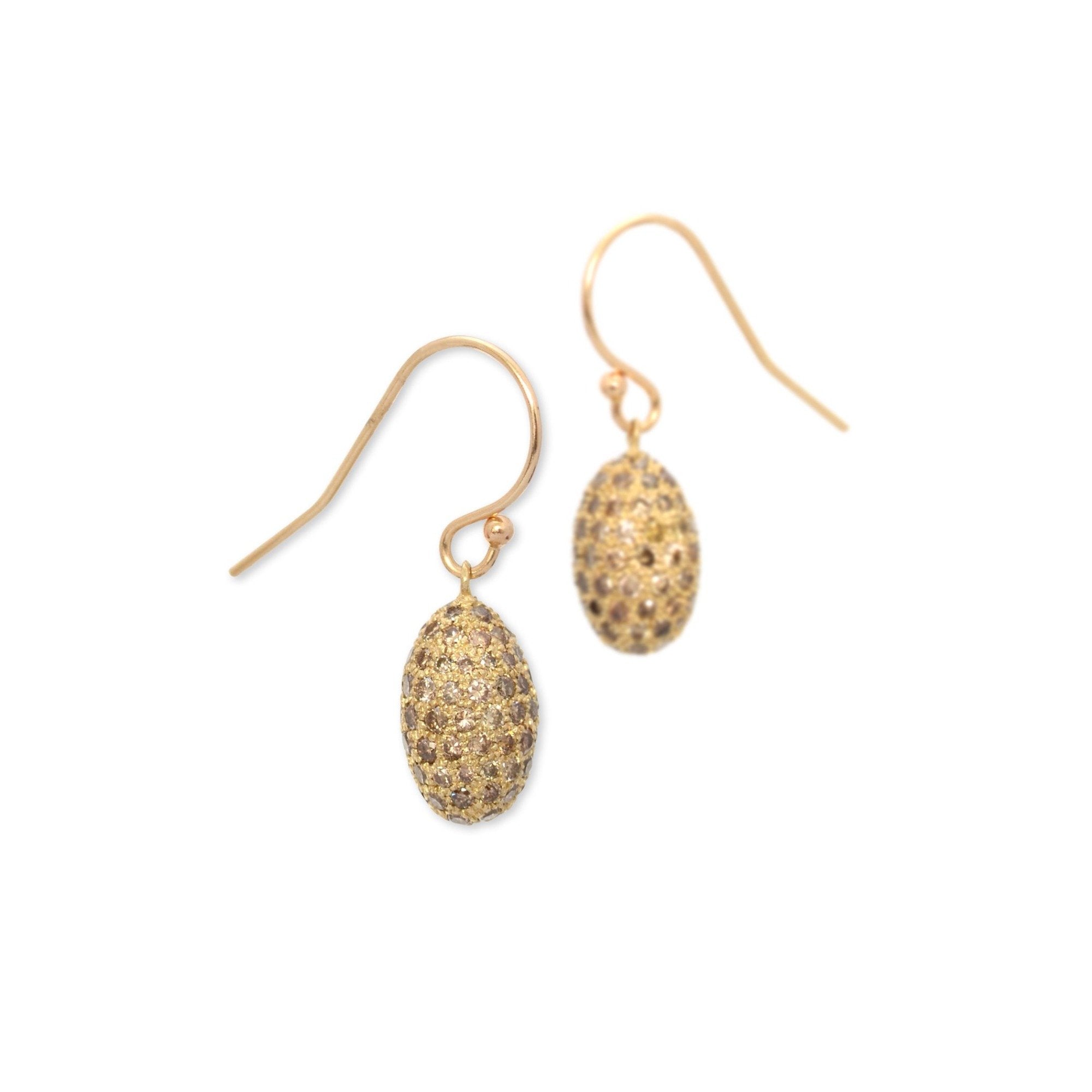 14k yellow gold with brown pave diamonds pavé egg drop earrings