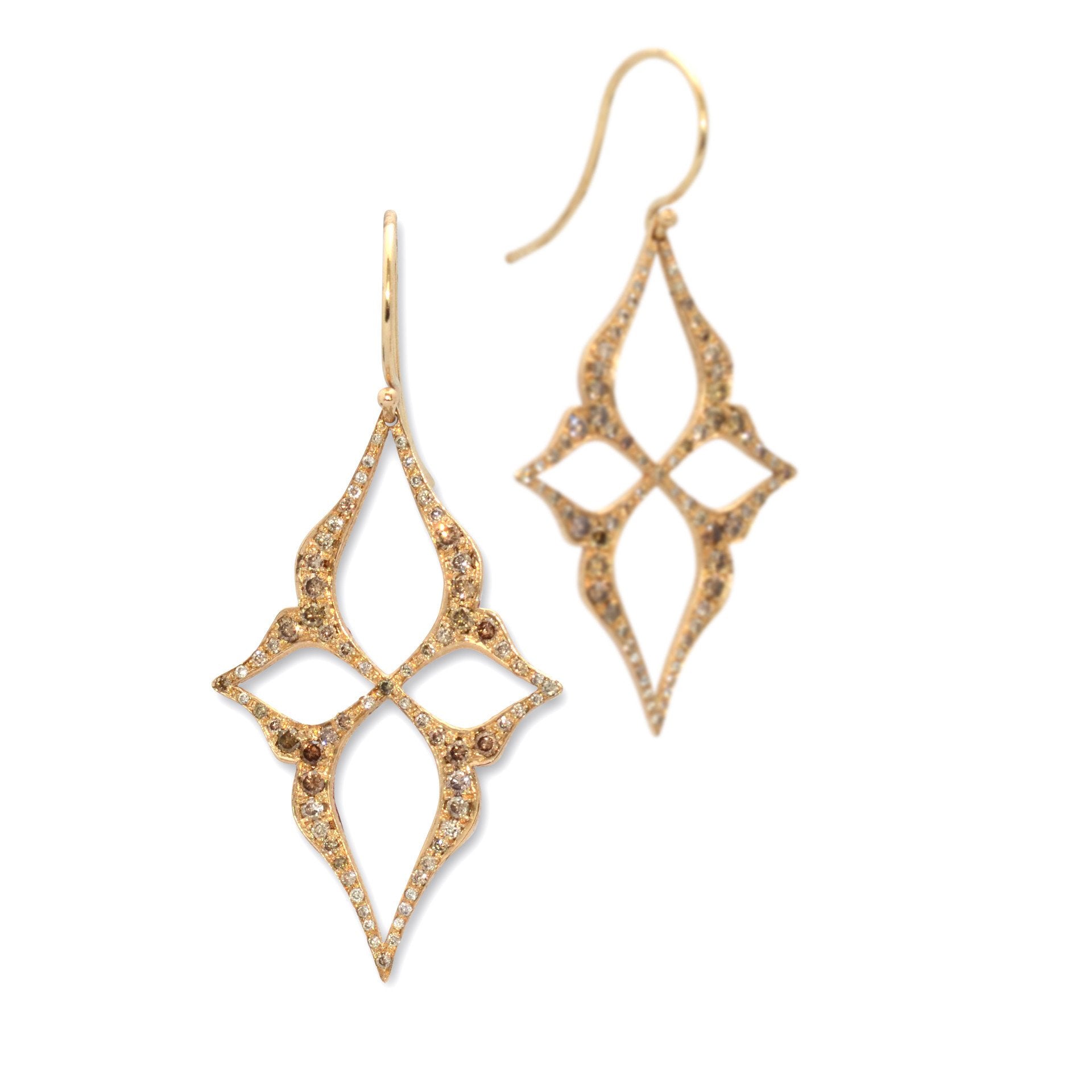 14k yellow gold with brown pave diamonds arabesque star earrings