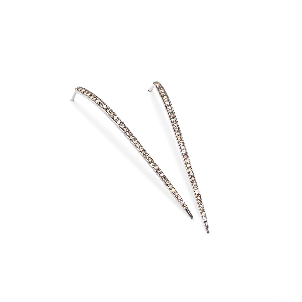 14k white gold plated in black rhodium with brown pave diamonds curved stake studs