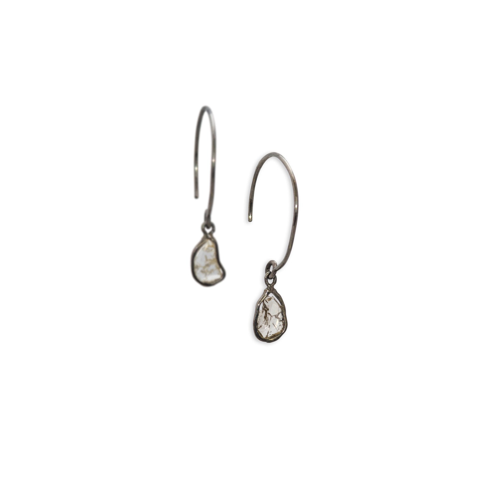 small / 14k white gold plated in black rhodium single diamond slice dangle earrings