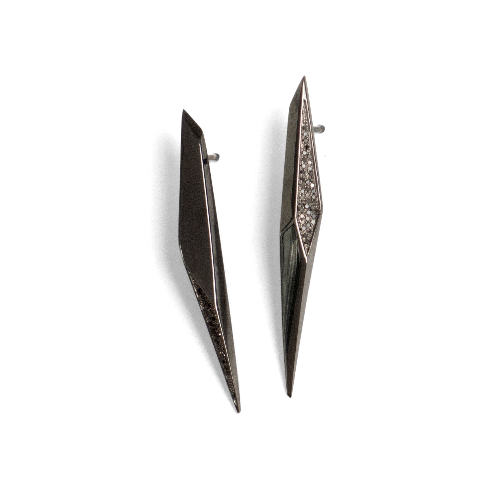14k white gold plated in black rhodium with black pave diamonds pavé long shard studs