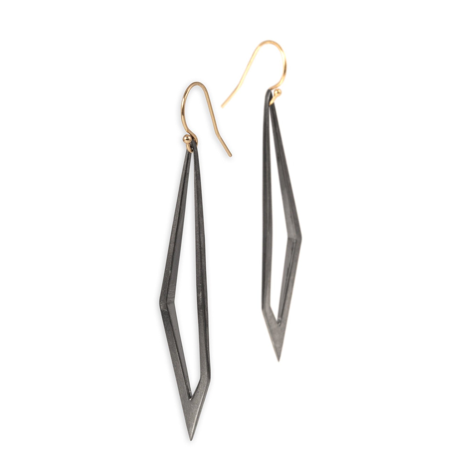 sterling silver plated in black rhodium with 14k gold ear wires hedron dangle earrings