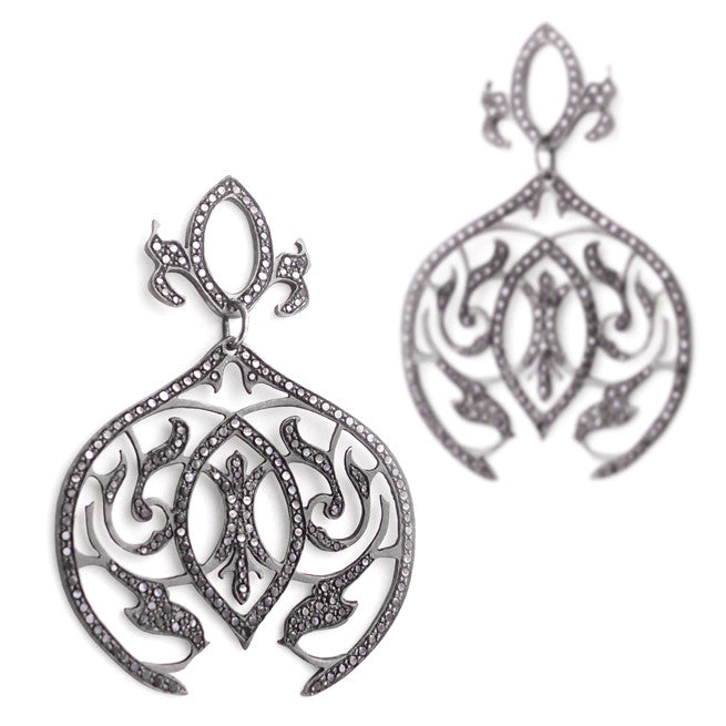 14k white gold plated in black rhodium with white diamonds pavé arabesque dangle earrings