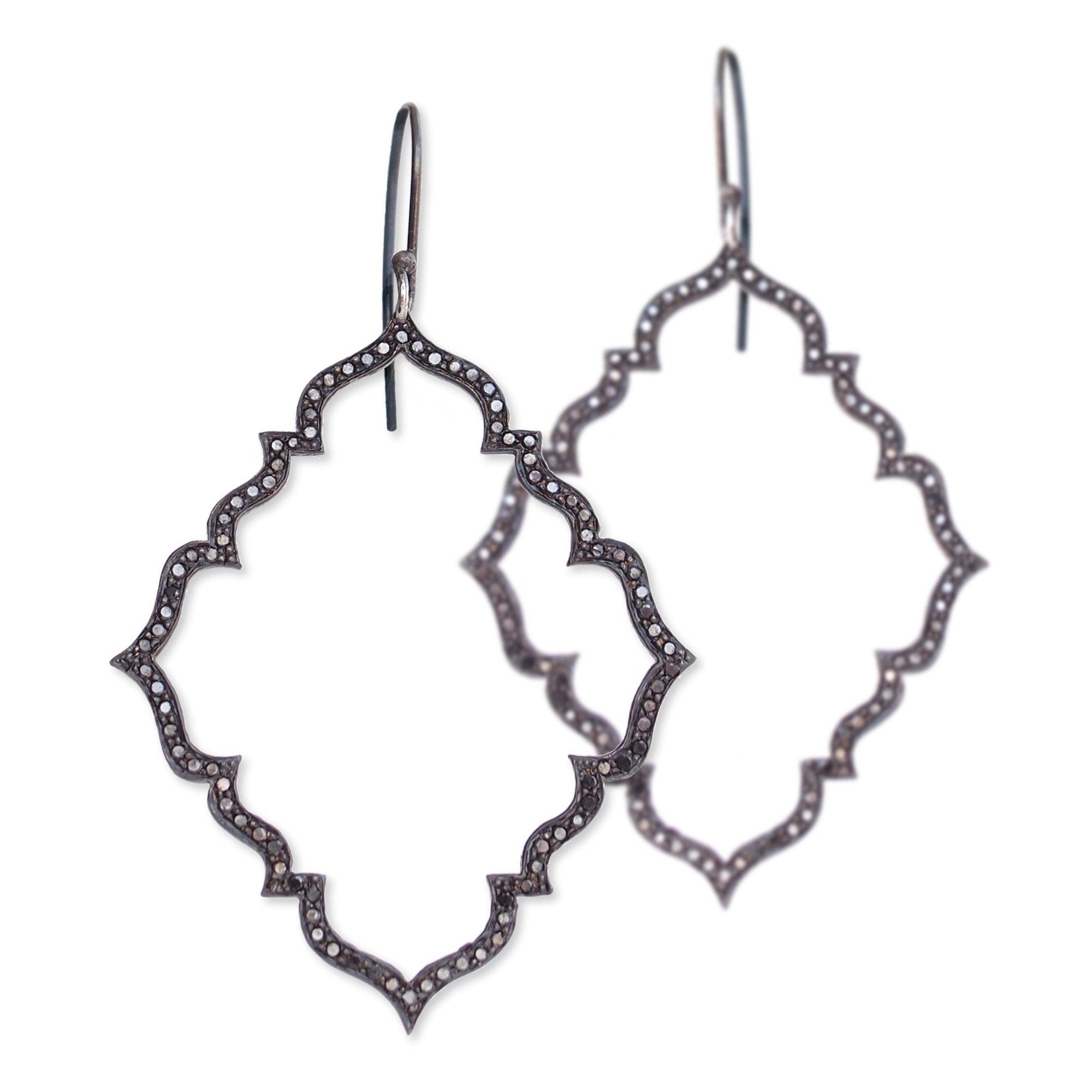 14k white gold plated in black rhodium with black diamonds diamond portail dangle earrings