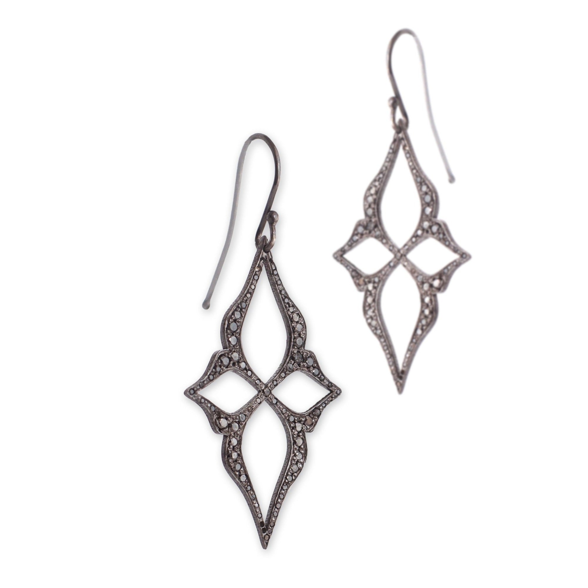 14k white gold plated in black rhodium with black pave diamonds arabesque star earrings