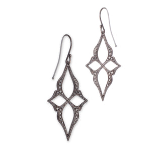 14k white gold plated in black rhodium with black pave diamonds arabesque star earrings