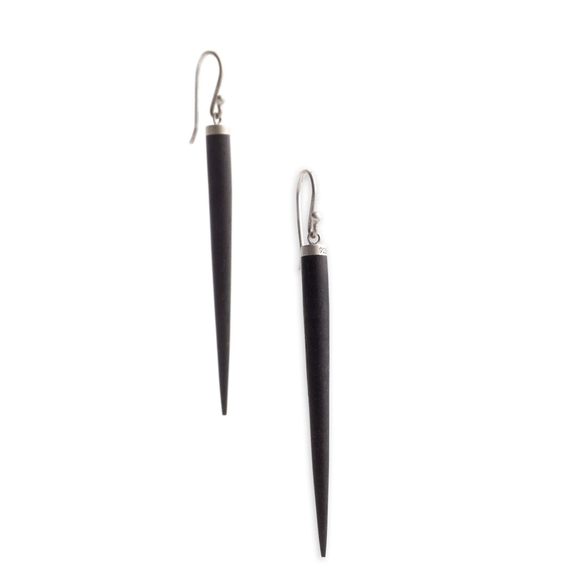 ebony/sterling silver wood point drop earrings