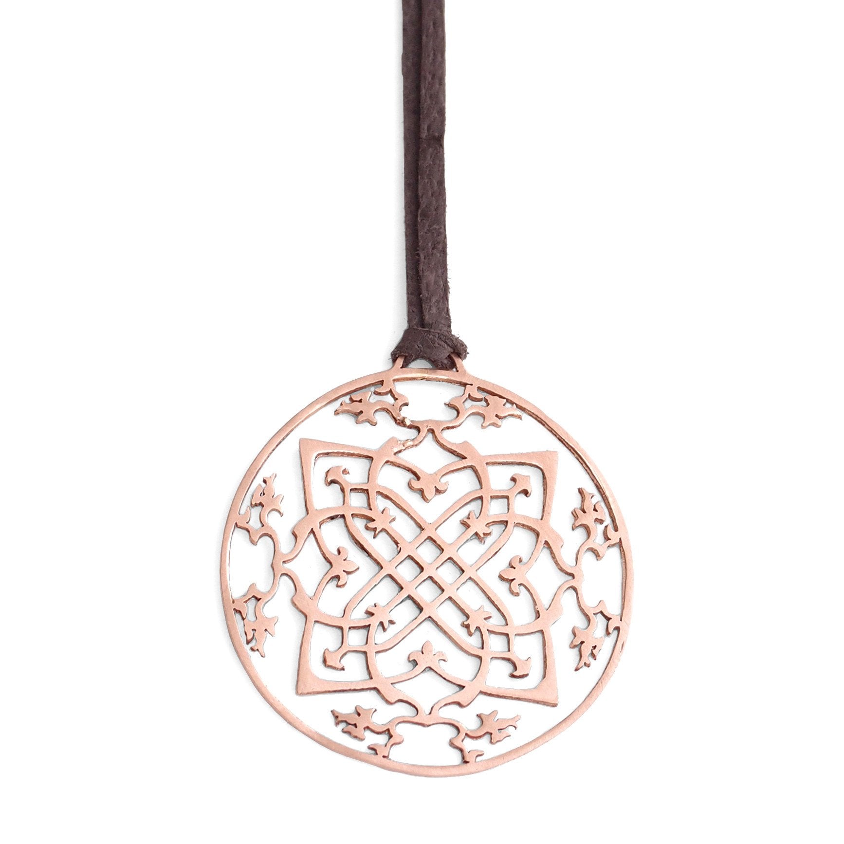 14k rose gold / 42&quot; leather cord with caps arabesque medallion