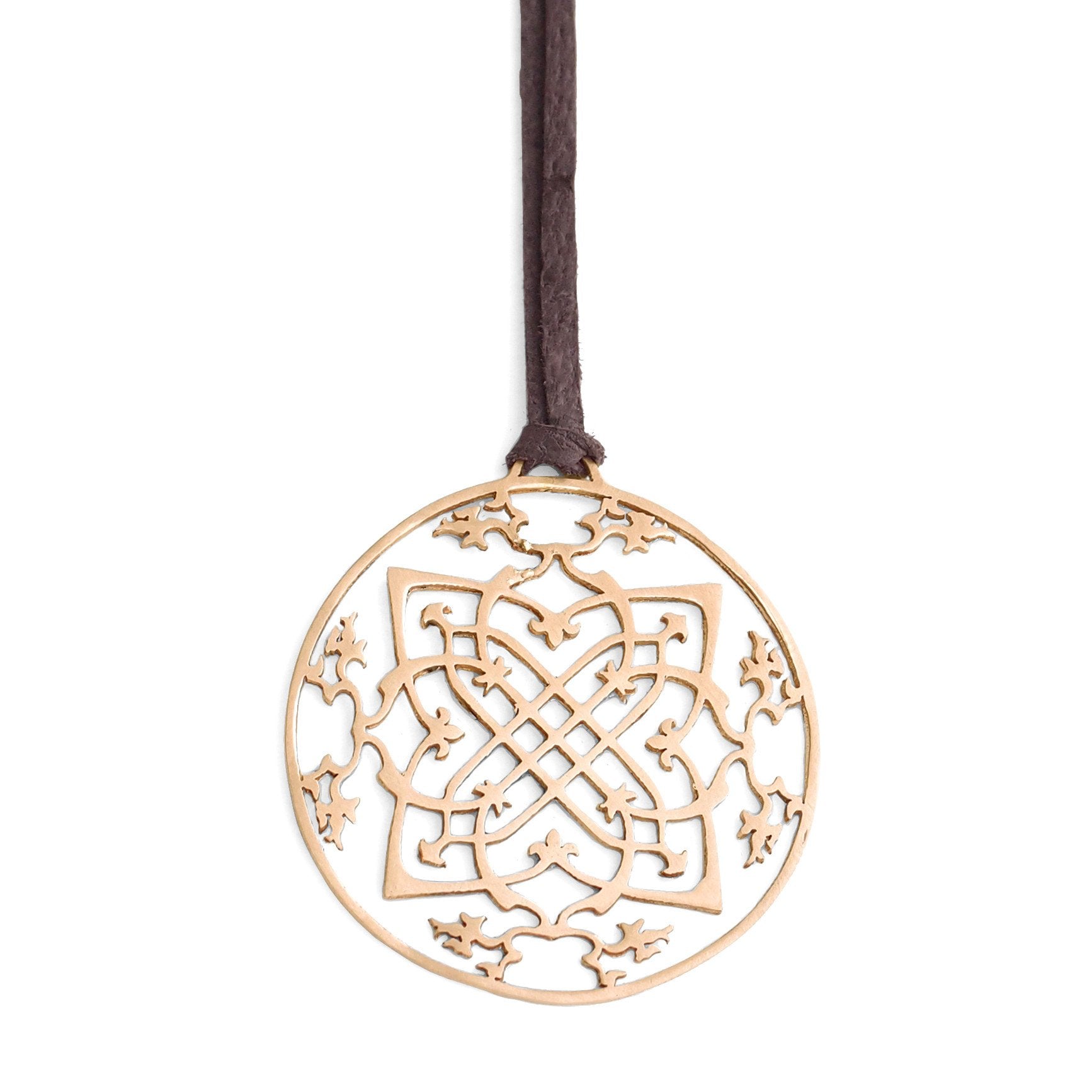 14k yellow gold / 42&quot; leather cord with caps arabesque medallion
