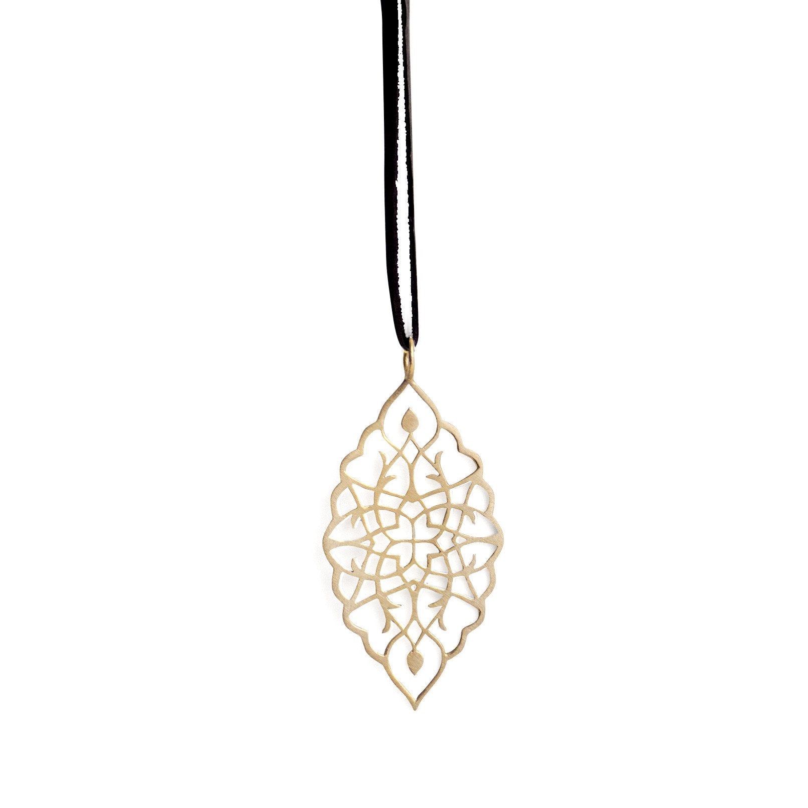 14k yellow gold / 42&quot; leather cord with caps arabesque petal pendant