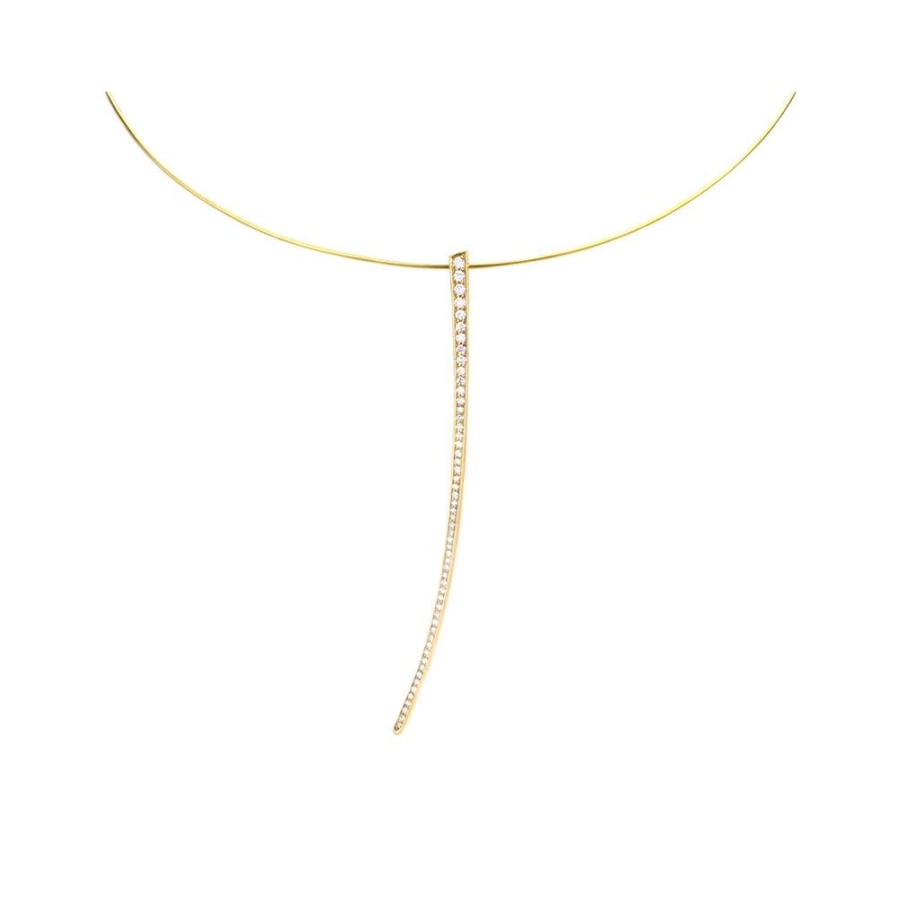 18k yellow gold with white diamonds on a 18k yellow gold choker wire pavé curved stake choker