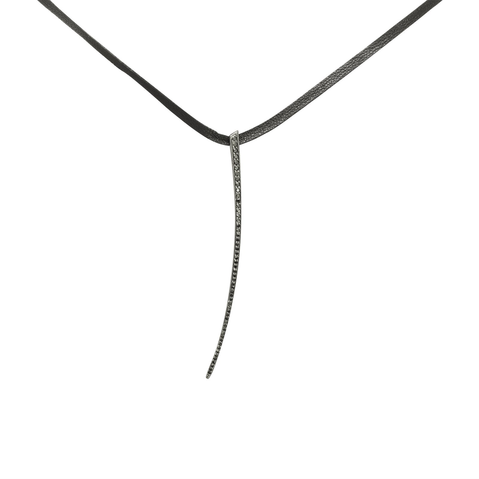 14k white gold pendant plated in black rhodium with black diamonds on leather choker cord with adjustable clasp pavé curved stake choker