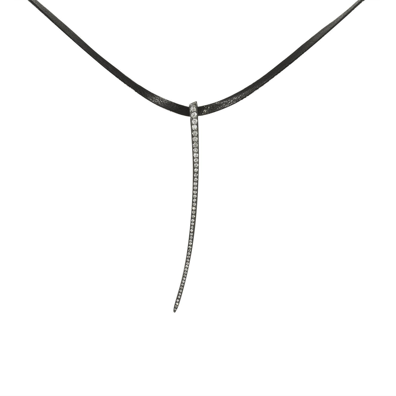 14k white gold pendant plated in black rhodium with white diamonds on leather choker cord with adjustable clasp pavé curved stake choker