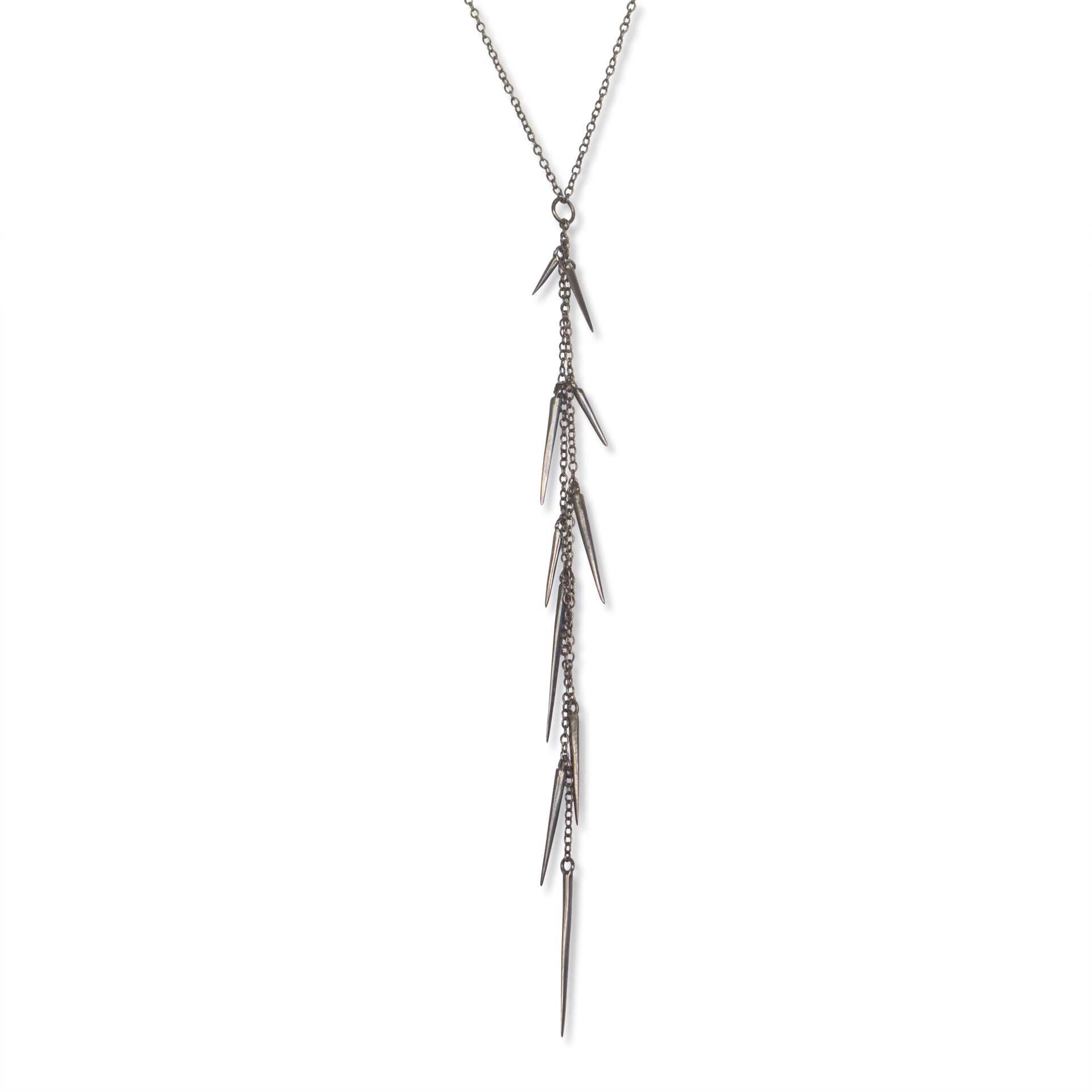 sterling silver plated in black rhodium small point long drop necklace