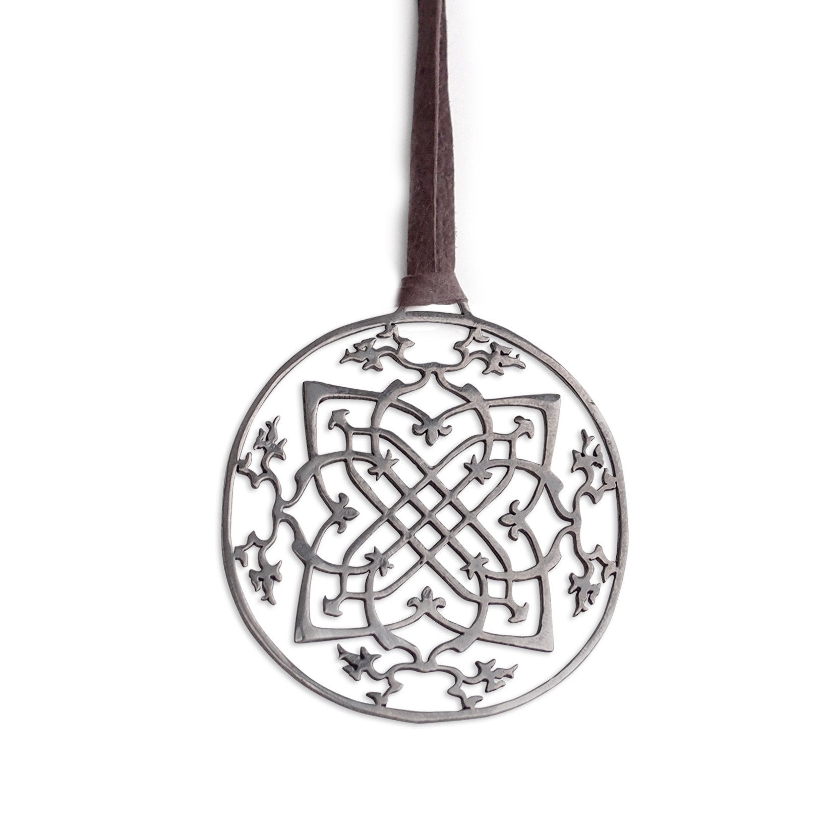 sterling silver plated in black rhodium / 42&quot; leather cord with caps arabesque medallion