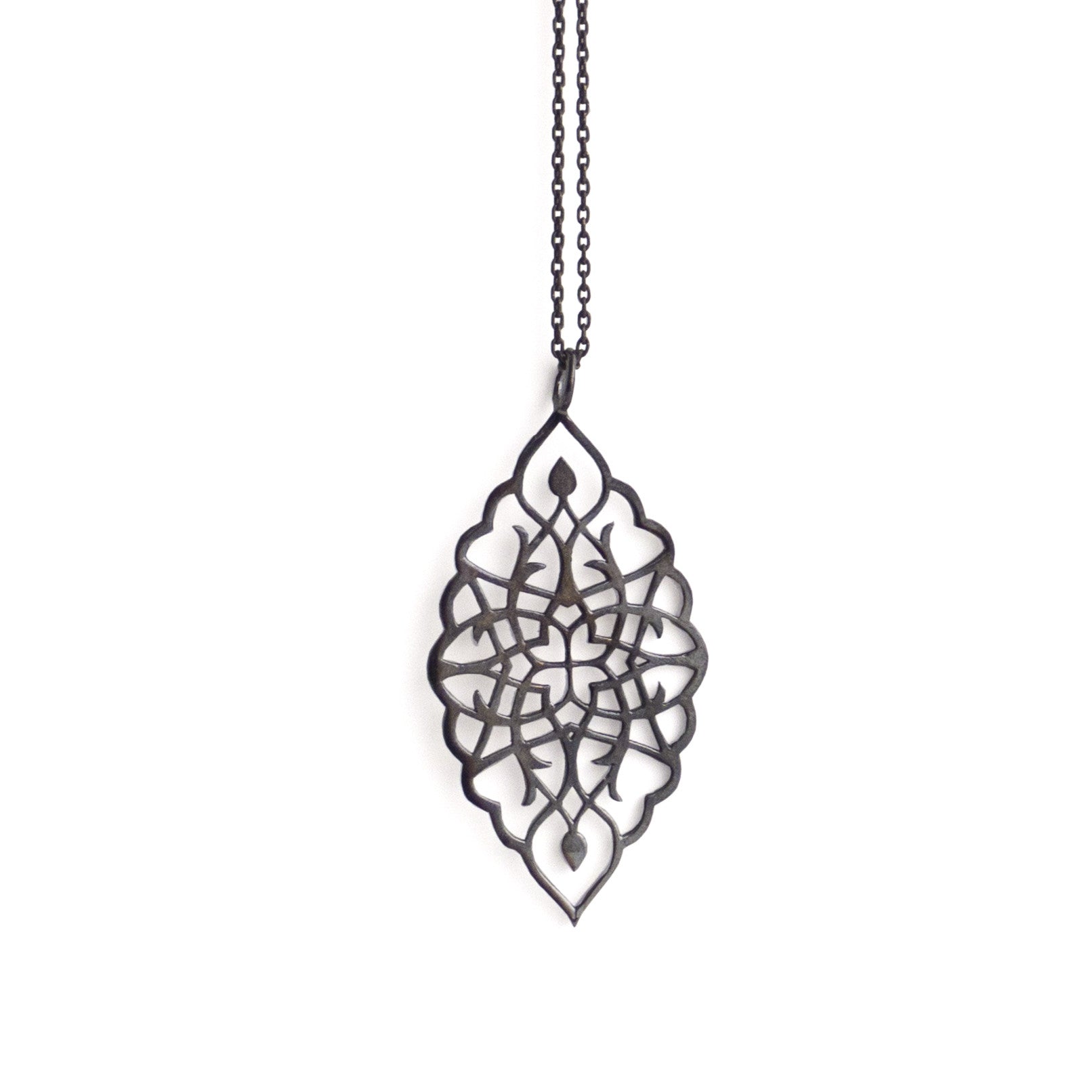 sterling silver plated in black rhodium / 27&quot; oxidized sterling silver chain arabesque petal pendant
