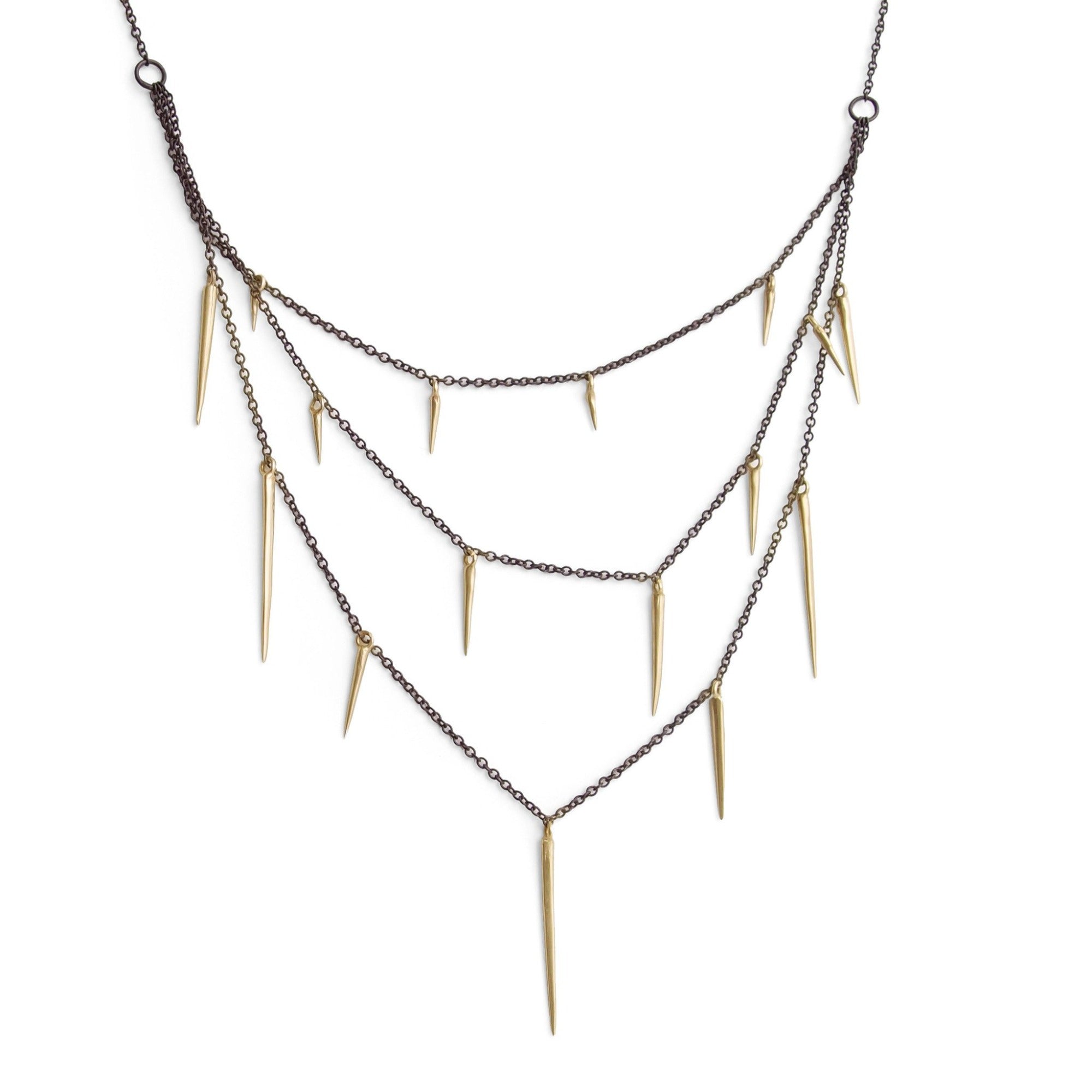 14k yellow gold points on a sterling silver oxidized chain small point three tier necklace