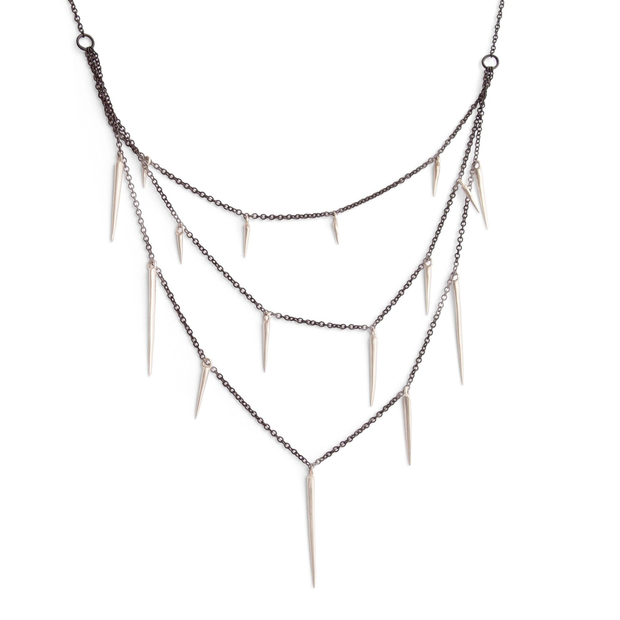 14k rose gold points on a sterling silver oxidized chain small point three tier necklace