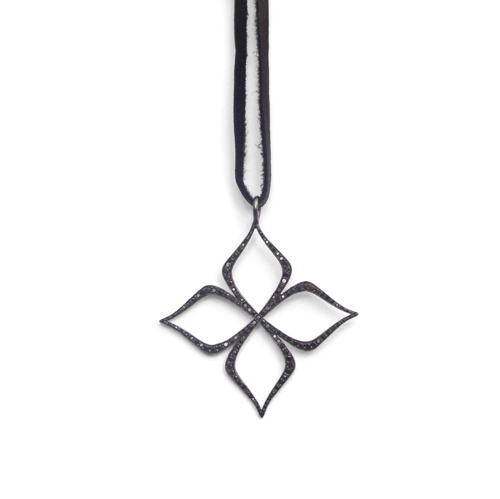14k white gold plated in black rhodium with black pave diamonds arabesque star pendant