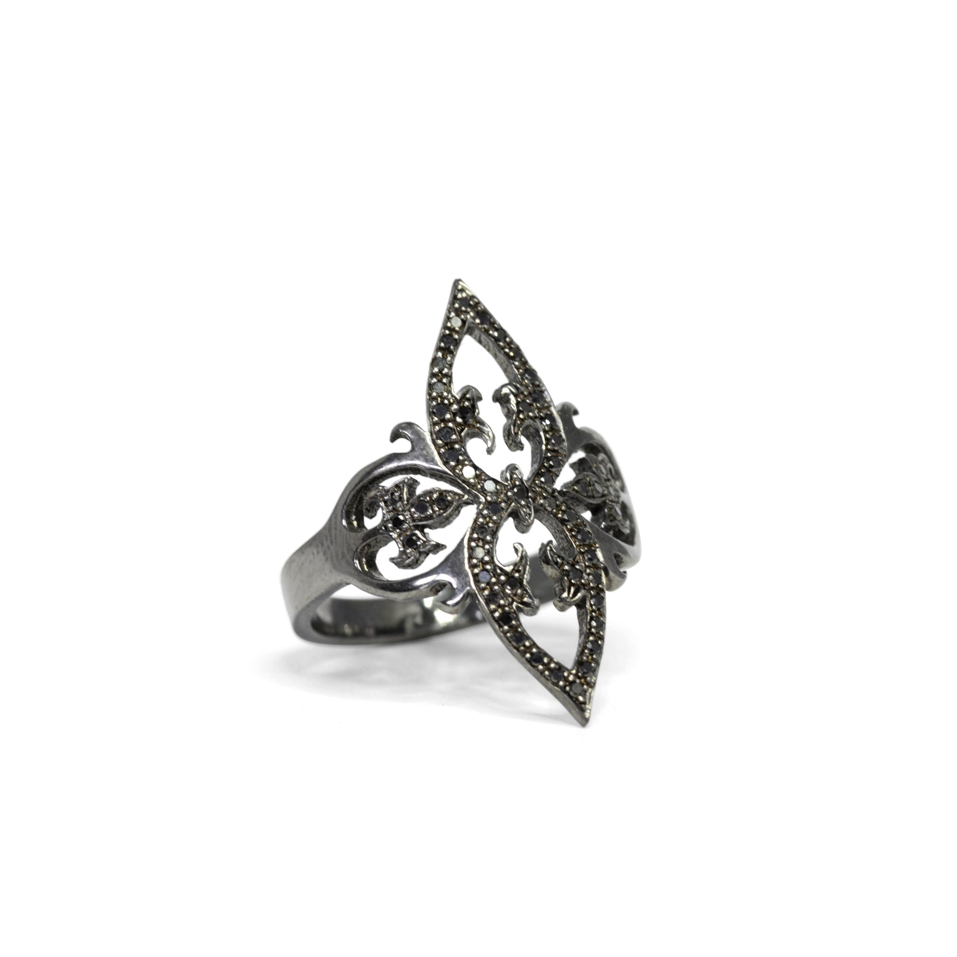 14k white gold plated in black rhodium with black pave diamonds / 6 arabesque cocktail ring
